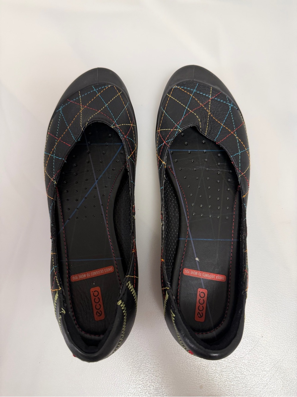 ECCO Black Leather Ballet Flats Colorful Stitch Pattern Comfort Shoes EU 36
